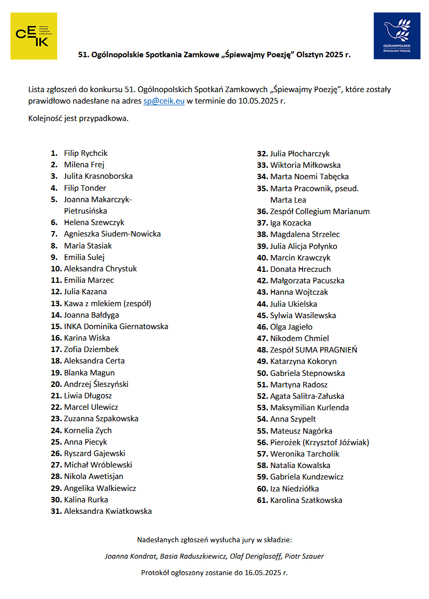 Zgłoszenia oraz lista finalistów Konkursu Ogólnopolskich Spotkań Zamkowych 
